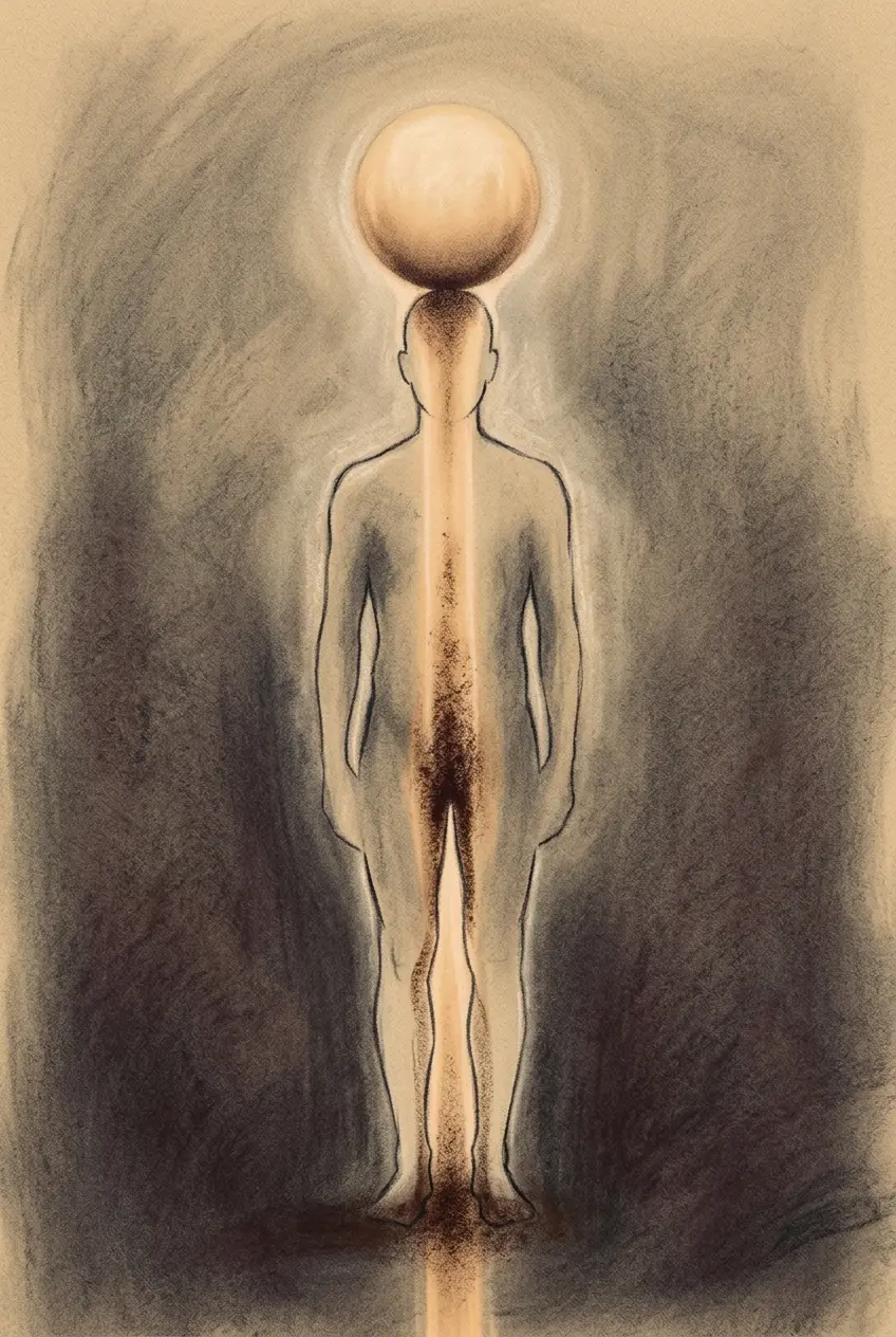 Standing human silhouette with a bright concentrated ball above the head and a column of light travelling down through the torso, the knees and out past the feet