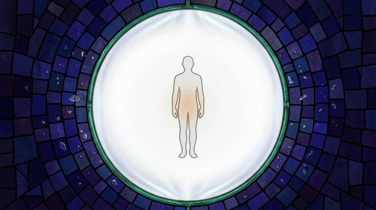 Standing figure at the centre of a white sphere of light reaching six feet out in every direction, below the feet and above the head