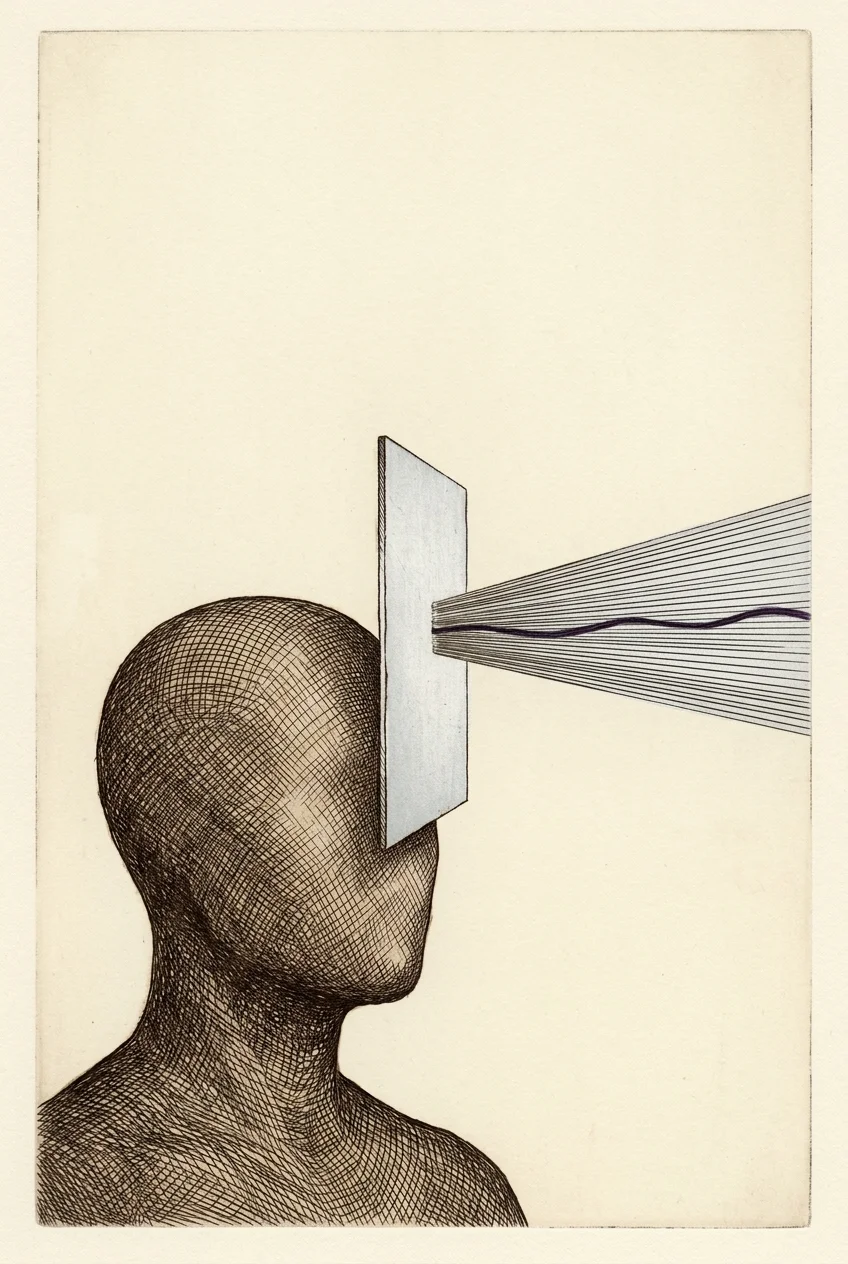 Upright panel of light standing in front of the right side of a head, with a single narrow beam running outward from it