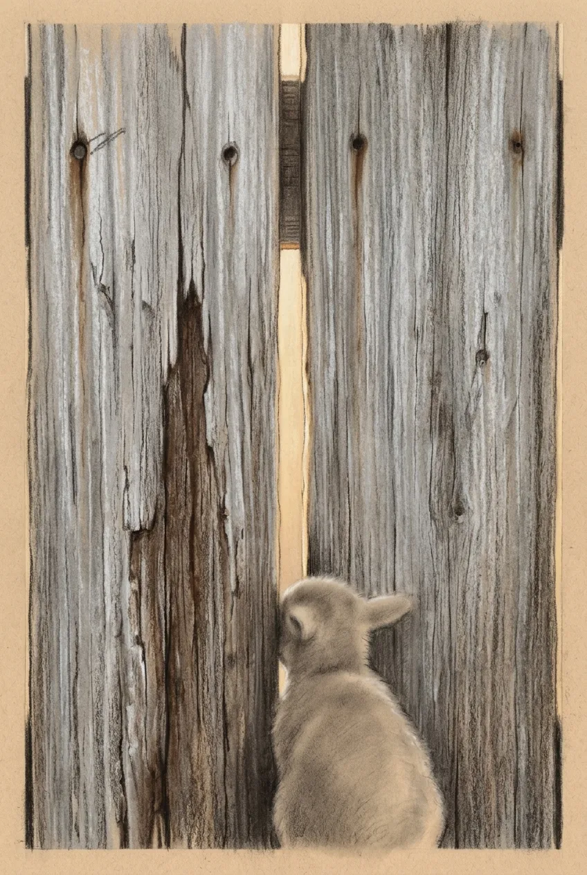 Narrow gap between two upright fence boards, with a small low shape pressed against it from the near side
