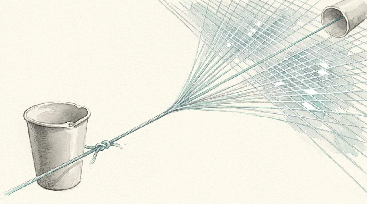 Two cups joined by a single taut string, the far cup and the end of the string dissolving into a wide lattice of light