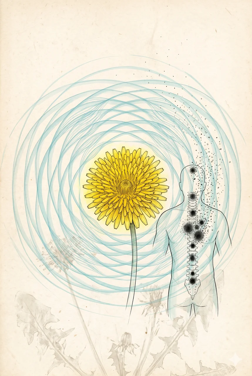 A dandelion in full bloom with visible frequency waves radiating outward, dark spots in a human figure beside it dissolving in resonance