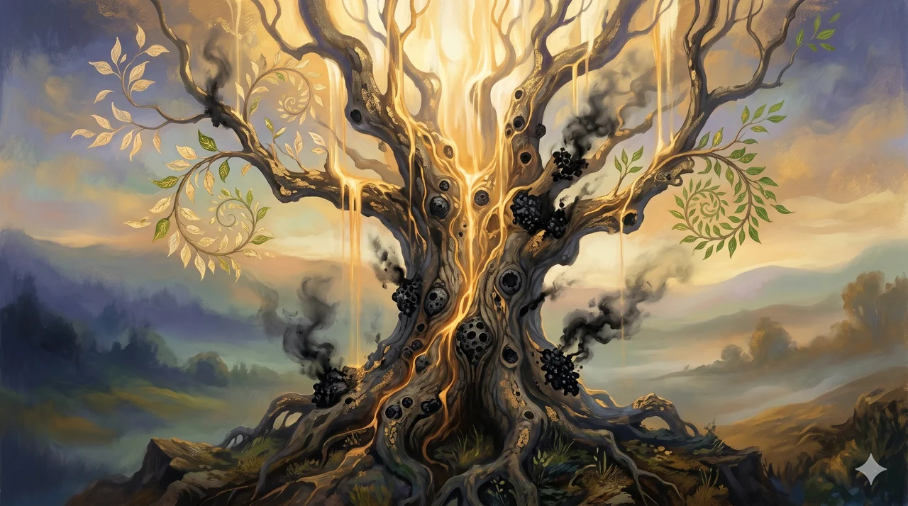 A withered tree visibly regenerating, with dark knots dissolving and being replaced by streams of golden light flowing from above