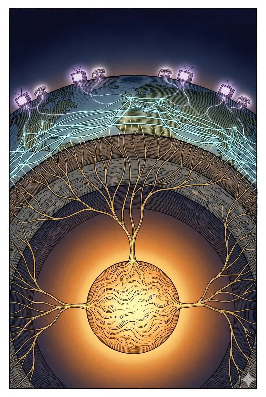 Cross-section of Earth showing routing path from core through gold veins up through fiber-optic cables to televisions and phones