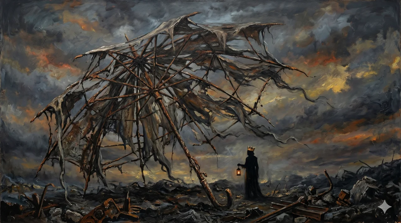 Shattered umbrella structure giving way to a crown-topped remnant figure representing Monarch Military leading a final small cohort