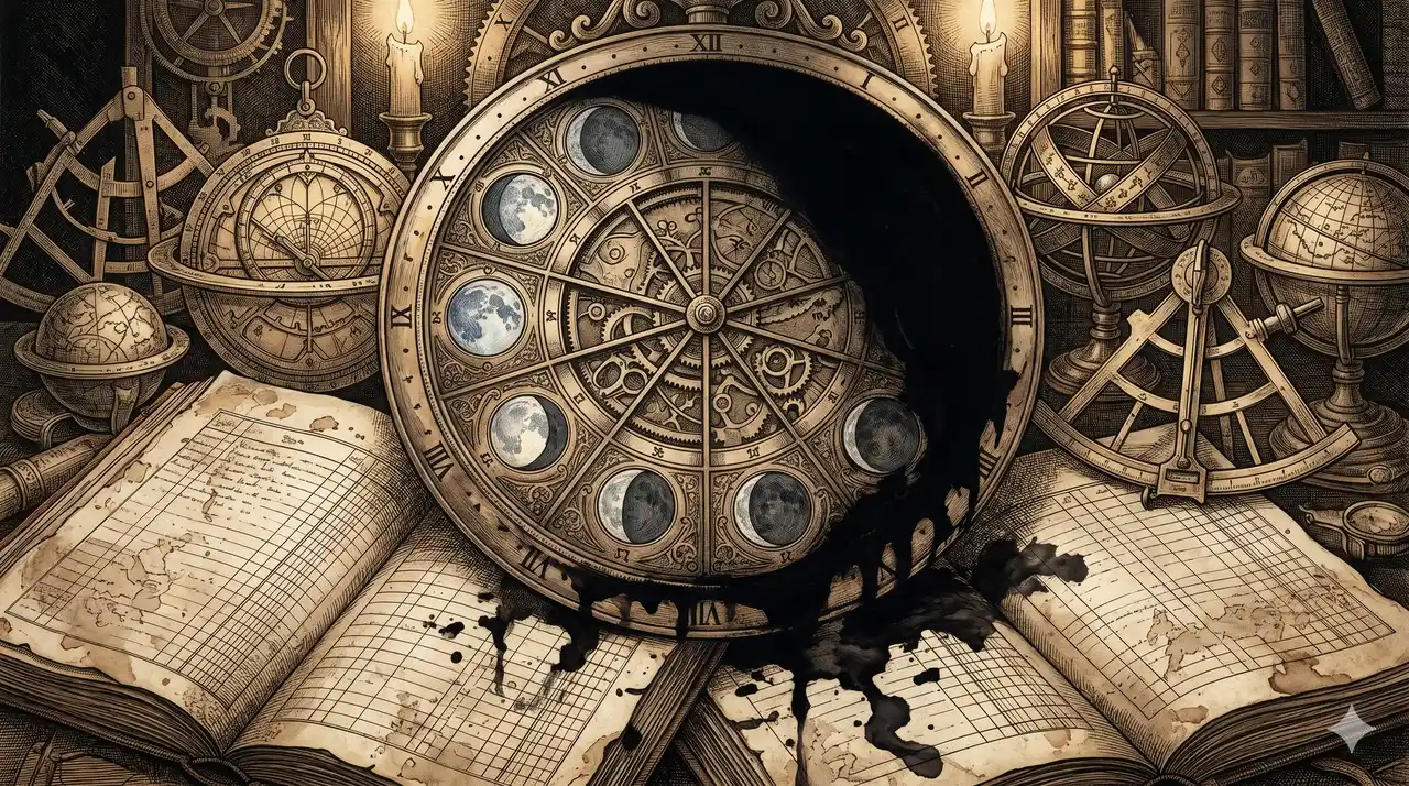 Clock face marked with lunar cycle overlaid on ledger pages representing the Q-Clock death payment structure tied to the new moon