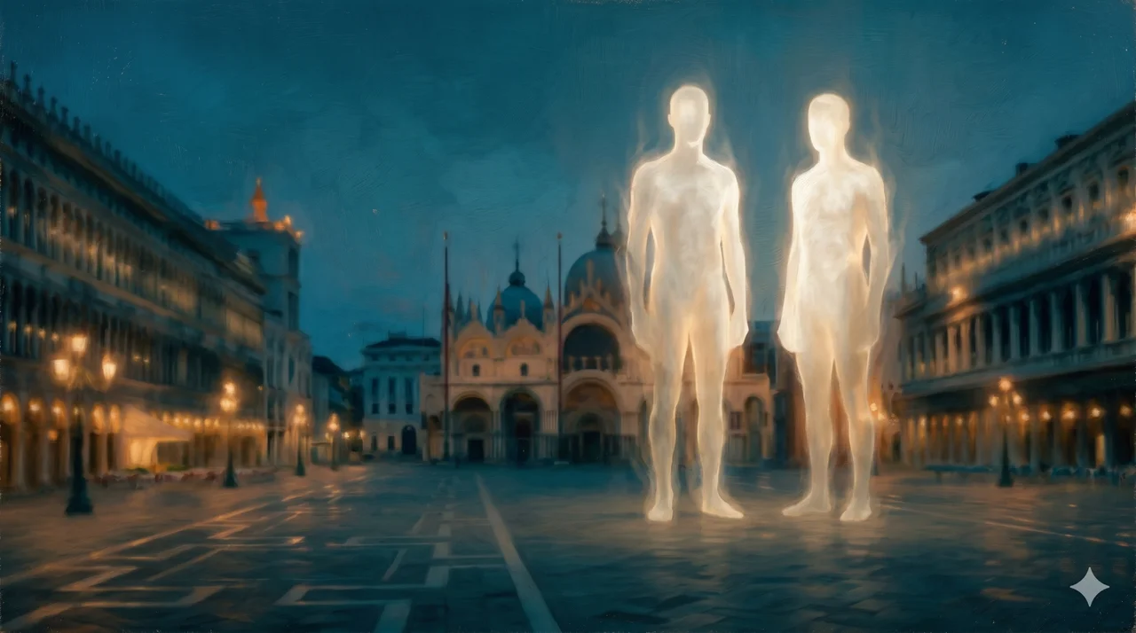 Tall luminous beings, 8-10 feet in height, standing calmly amid a crowd scene in Miami, their presence deliberate and unmistakable