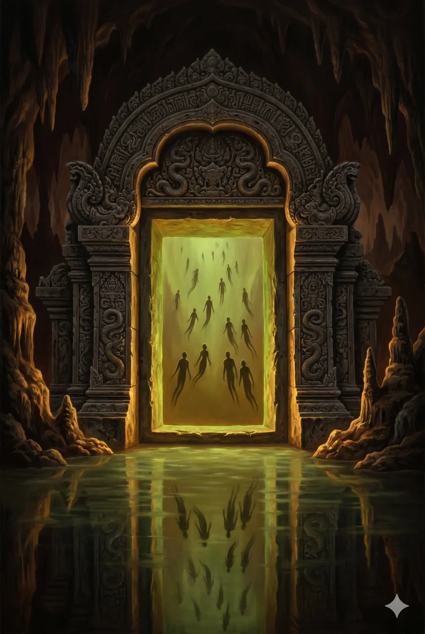 Ancient underground gateway structure in Indonesia, glowing faintly with dark energy, surrounded by shadowed humanoid figures emerging from below