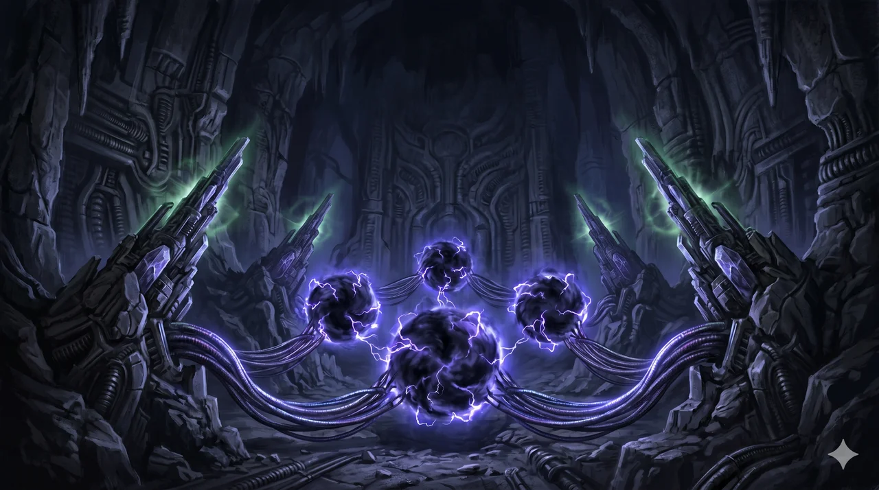 Underground chamber with five glowing orb-like dark energy balls connected to plasma energy weapon arrays, lit by deep blue-violet plasma light