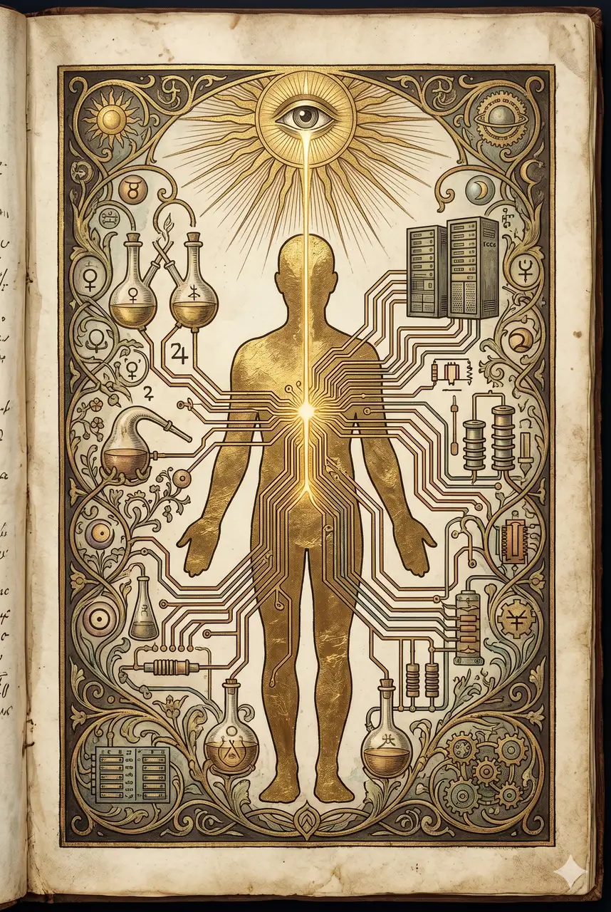 A thread of golden light entering a stylized human silhouette then branching into electronic circuitry, reminiscent of an alchemical plate