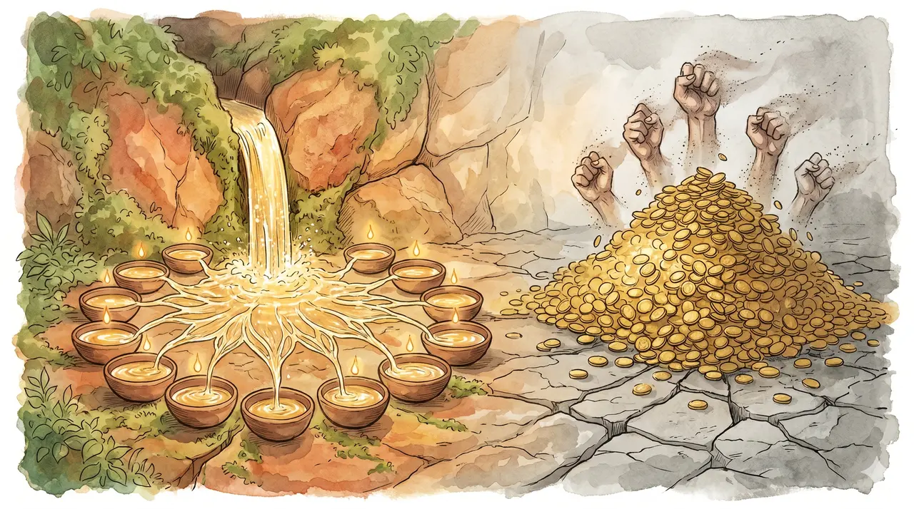 An ever-flowing golden spring branching outward into many vessels, with closed fists dissolving to dust above a hoarded pile