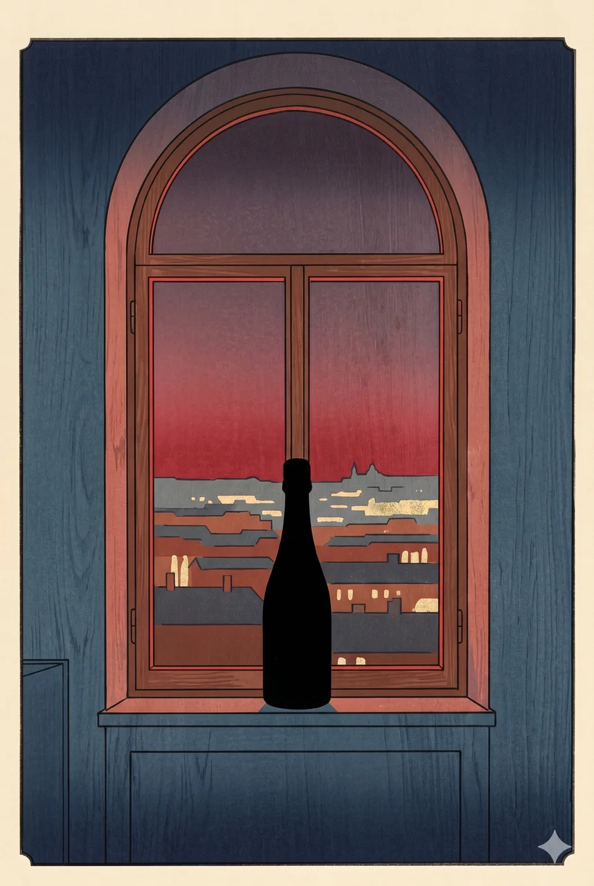 Symbolic depiction of a champagne bottle silhouetted against a luxury hotel suite window at dusk