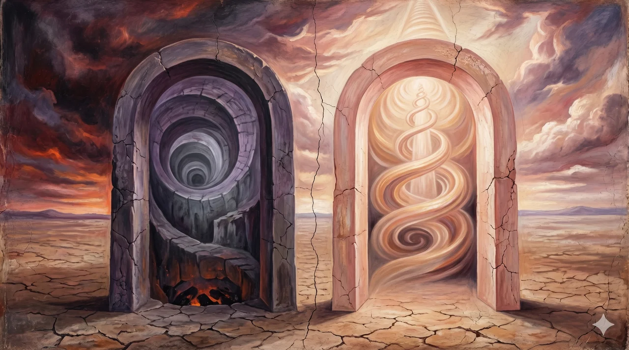 Symbolic depiction of two adjacent gateways, one descending into shadow and the other rising into golden light from above