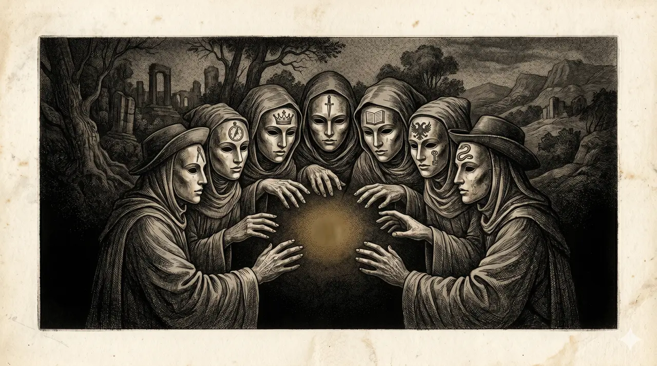 Symbolic depiction of seven masked silhouettes arranged in a semicircle, each with a different occupational symbol on the forehead