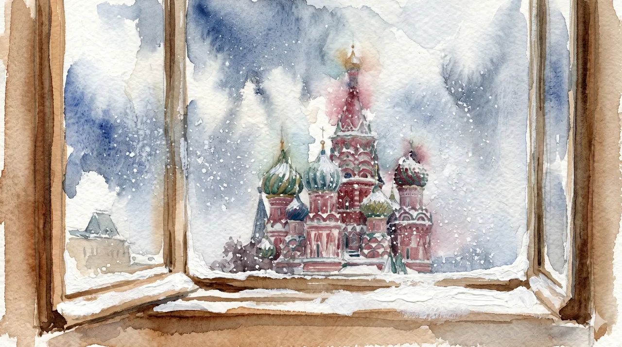 A view of St. Basil's Cathedral in deep winter snow, seen from a high hotel window