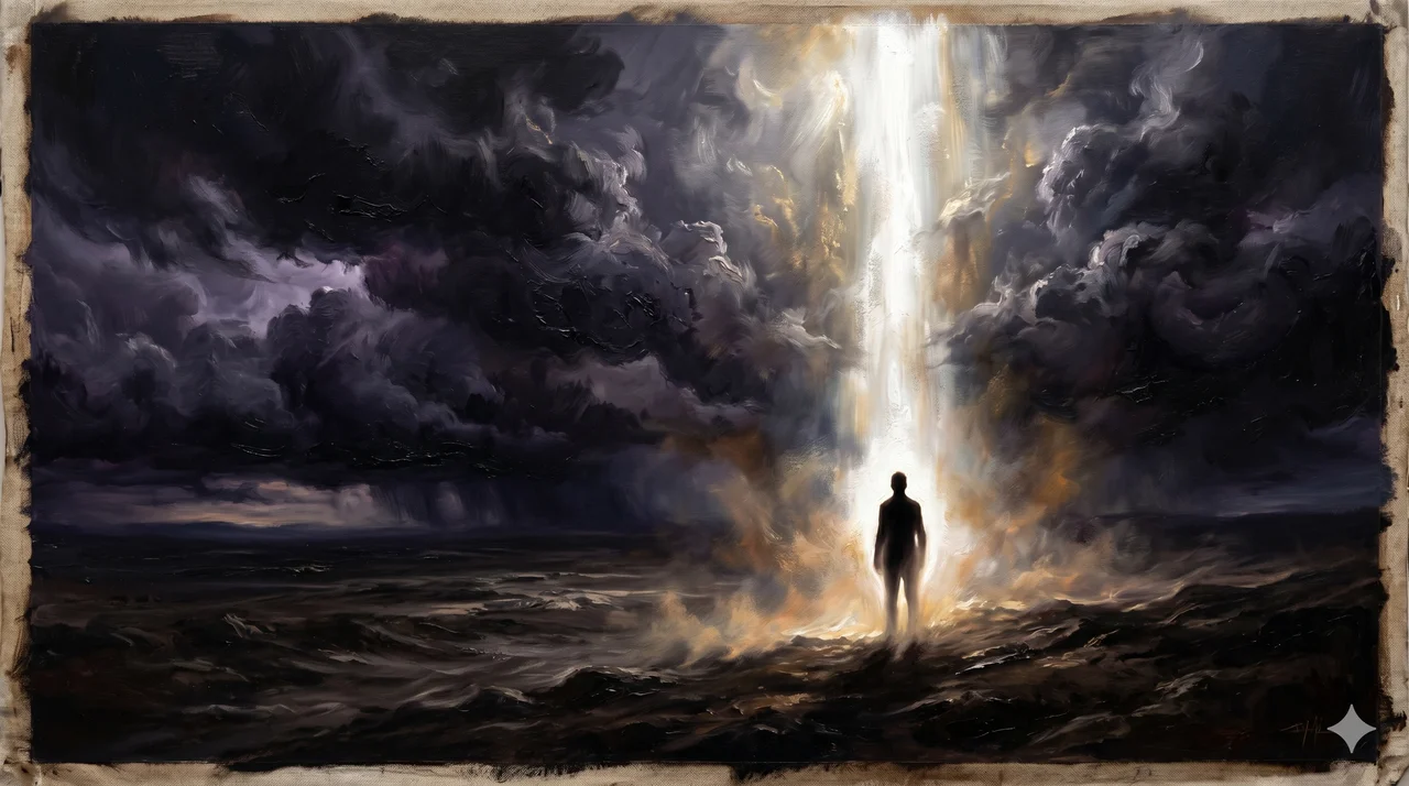 Symbolic depiction of a lone figure standing against a stormy sky, illuminated by a single shaft of light from above