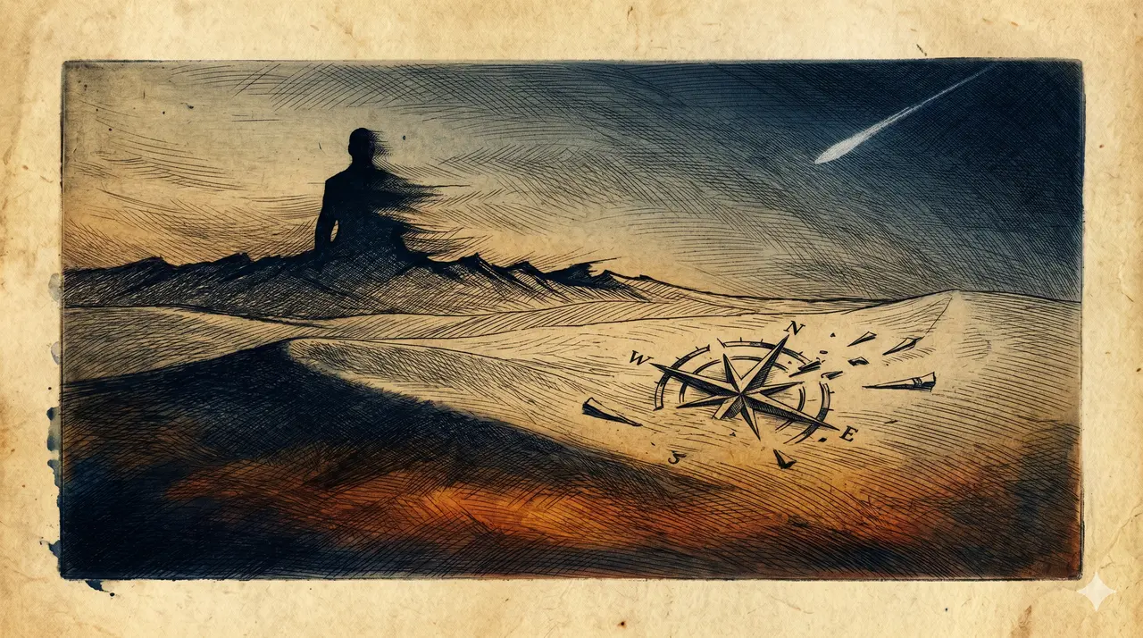 Symbolic silhouette of an intelligence operative against an abstract Middle Eastern desert horizon at dusk