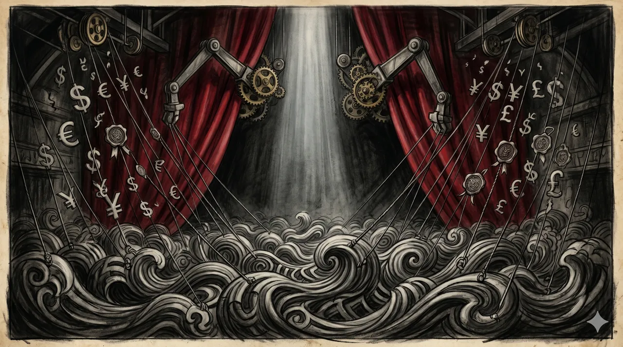 Abstract depiction of an engineered uprising, with hands behind a curtain manipulating crowds in a public square