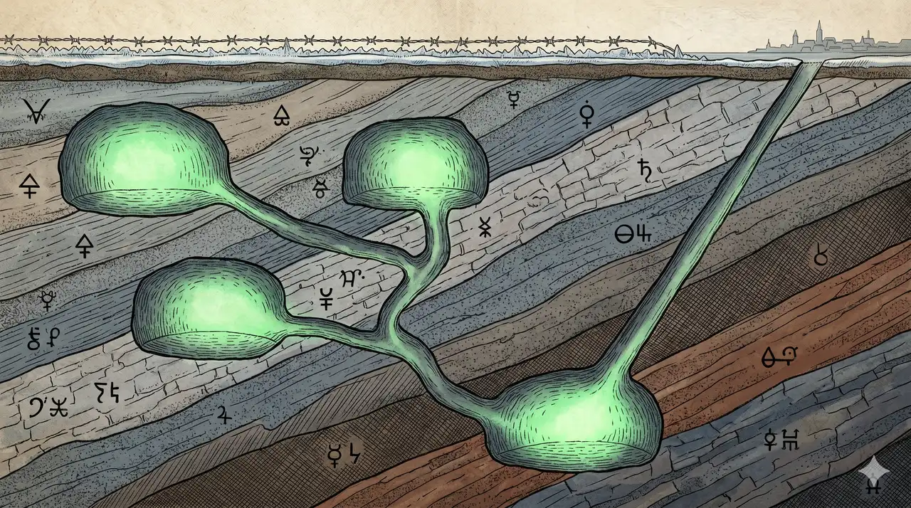 Cross-section illustration of a three-chamber underground bunker complex with connecting tunnels, viewed from below ground