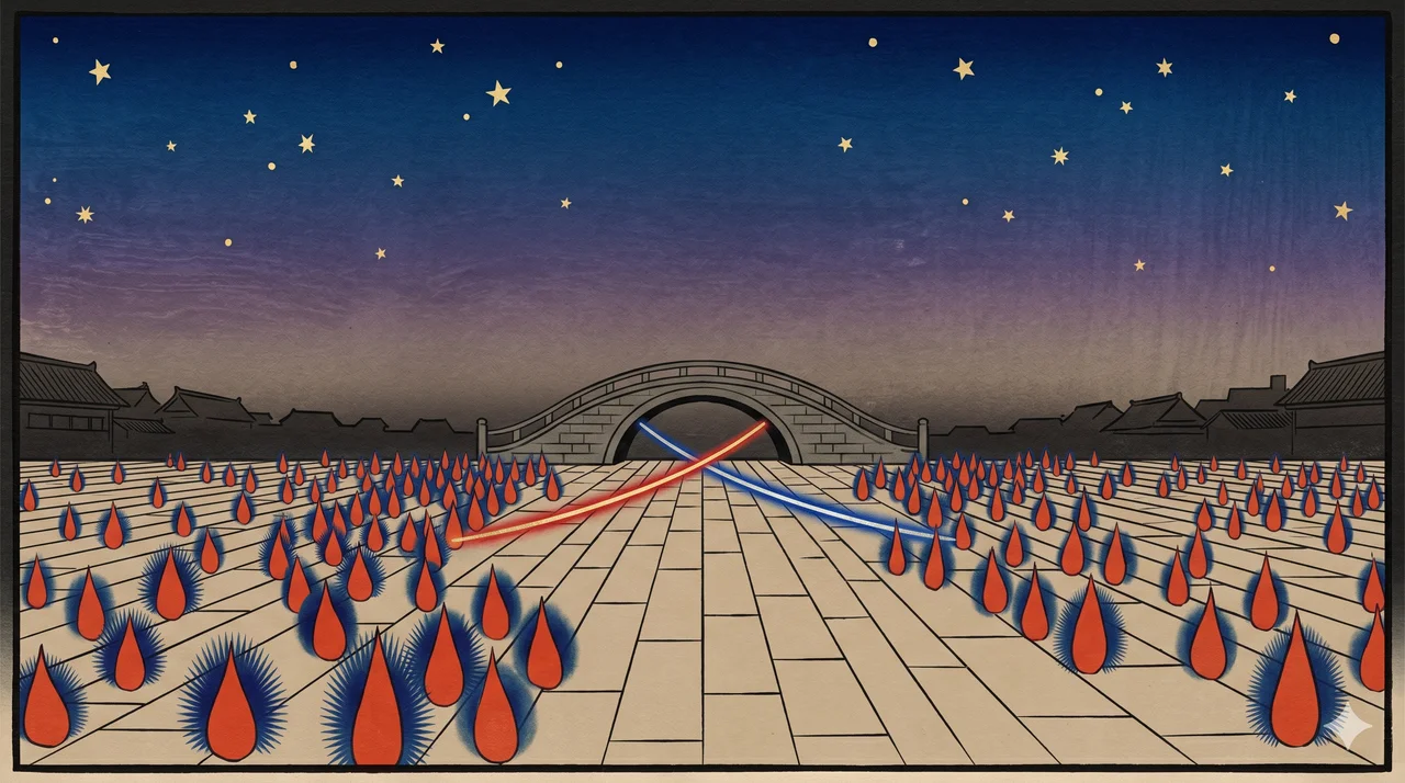 Abstract depiction of crowd silhouettes in an Iraqi public square at night, candlelight in their hands