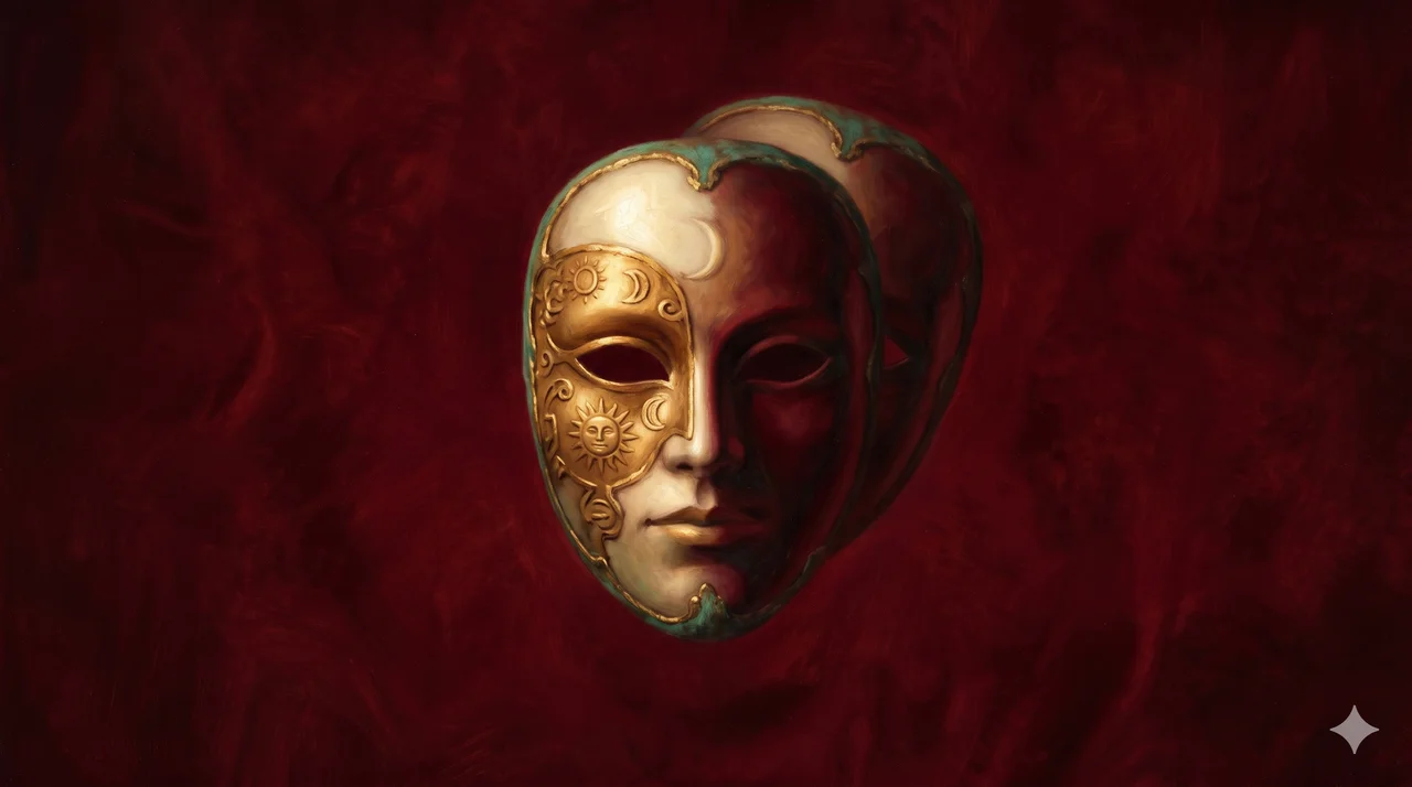 An ornate ceremonial mask suspended in mid-air against a deep red background, half-illuminated, half in shadow