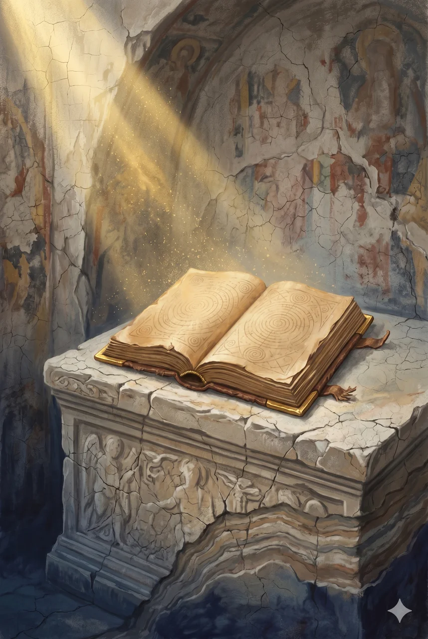 An ancient leather-bound prophetic book rests on a stone table, lit by a single shaft of light