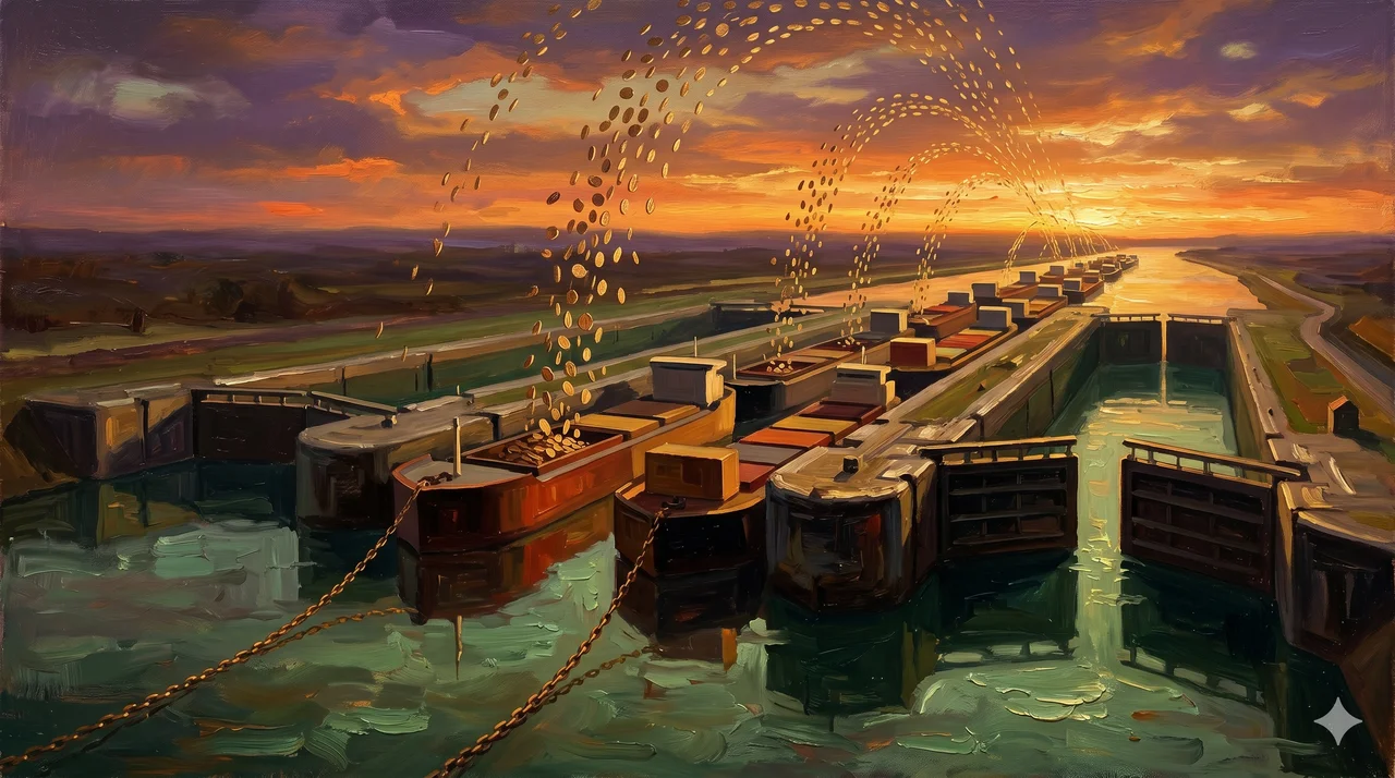 Aerial abstract view of cargo ships waiting at locks of a slow canal at twilight, with coins falling from the sky