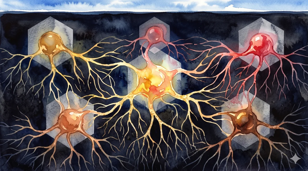 Abstract web of interconnected glowing nodes representing the world's Tier 1 banking network with bloodline names hidden behind each node