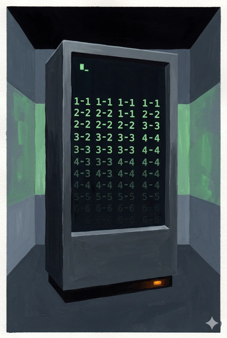 A black terminal screen with a doubled number sequence (1-1, 2-2, 3-3) glowing in green against a dark room