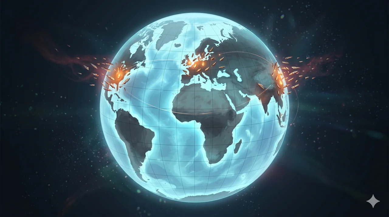 Abstract global map with vessel markers clustered along coastal positions, rendered in muted blue and amber tones