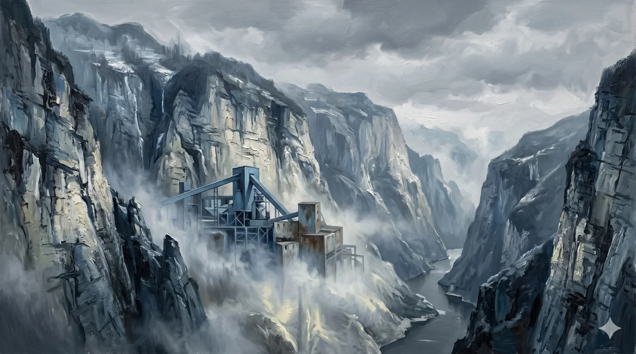Atmospheric view of a remote industrial complex nestled in mountain terrain, overcast sky and winter lighting
