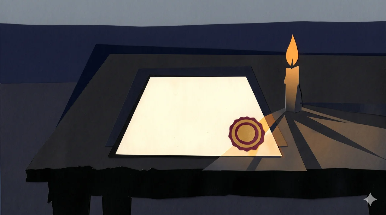 Symbolic pre-dawn scene with a single illuminated document on a dark table, candle flame reflected in its seal
