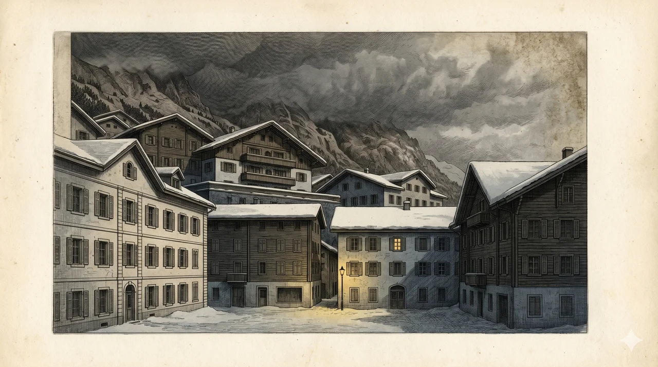 Symbolic Alpine village with empty hotel facades under a heavy winter sky, rendered as a quiet stage where unseen meetings have already concluded