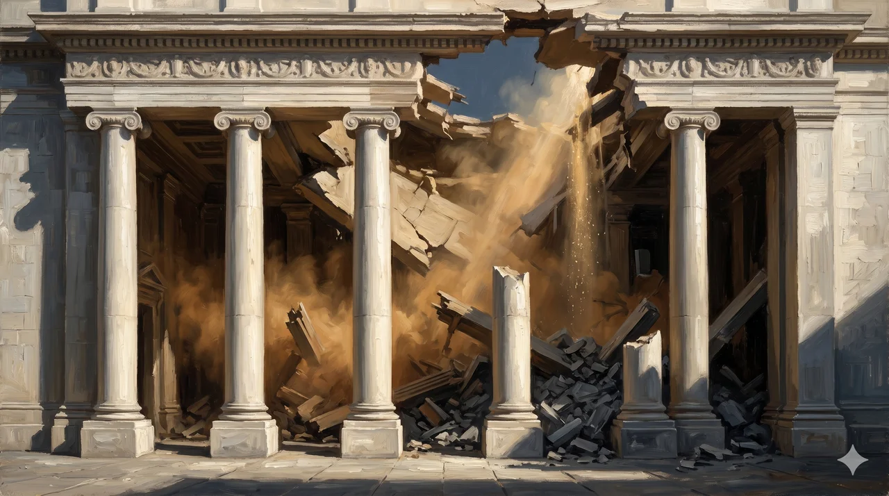 Abstract neoclassical bank facade hollowed out from within, with the columns intact but the interior dissolving into ash and dust