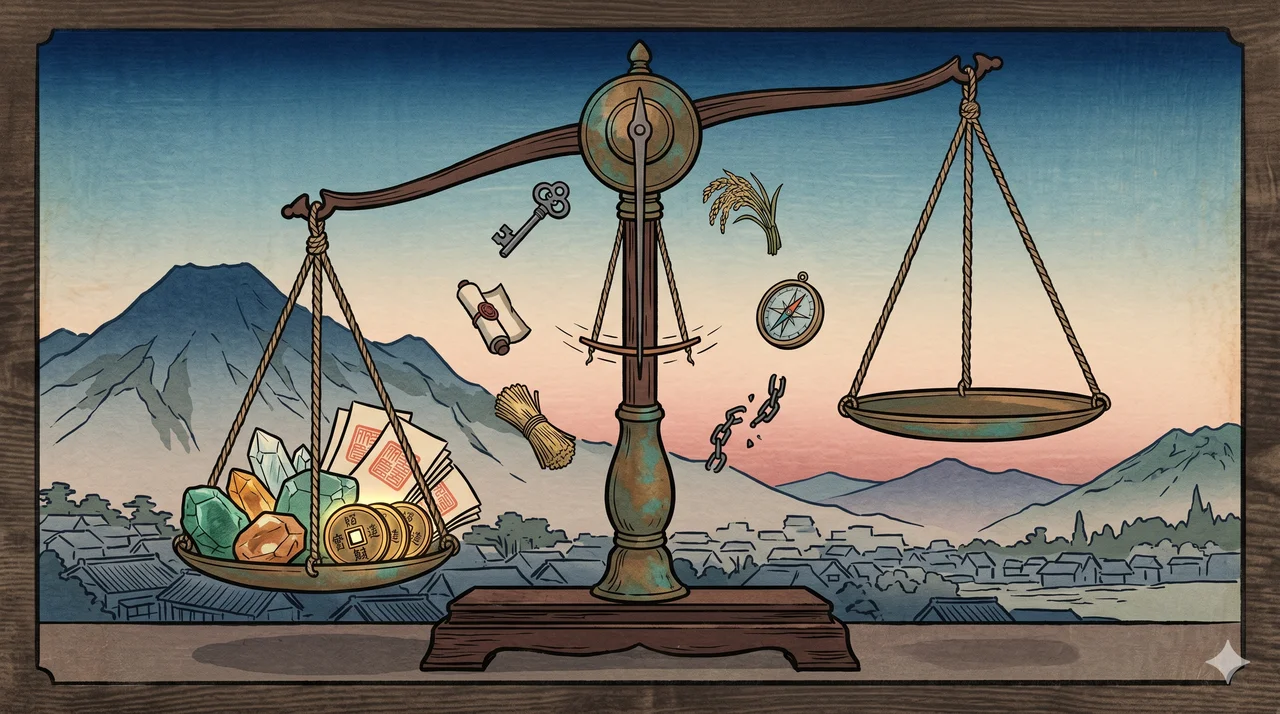 Allegorical balance scale weighing rough diamonds, paper currency stacks, and digital coin glyphs against an empty pan to show the unfundable design