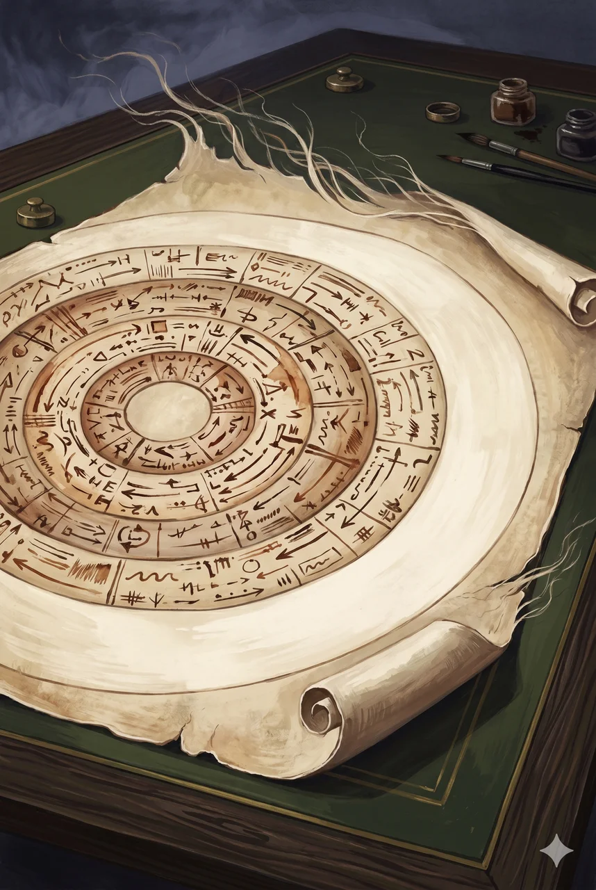 Ancient parchment scroll spread on a planning table with century-mark rings inked across it, the final ring left empty as the scroll begins to unravel from the edges