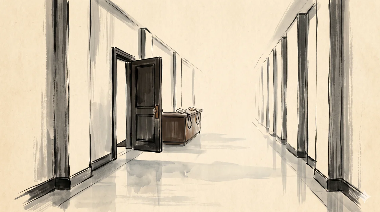 Empty marble corridor inside a fortress-like government building, side door propped open with two unverified visitor badges left on a desk