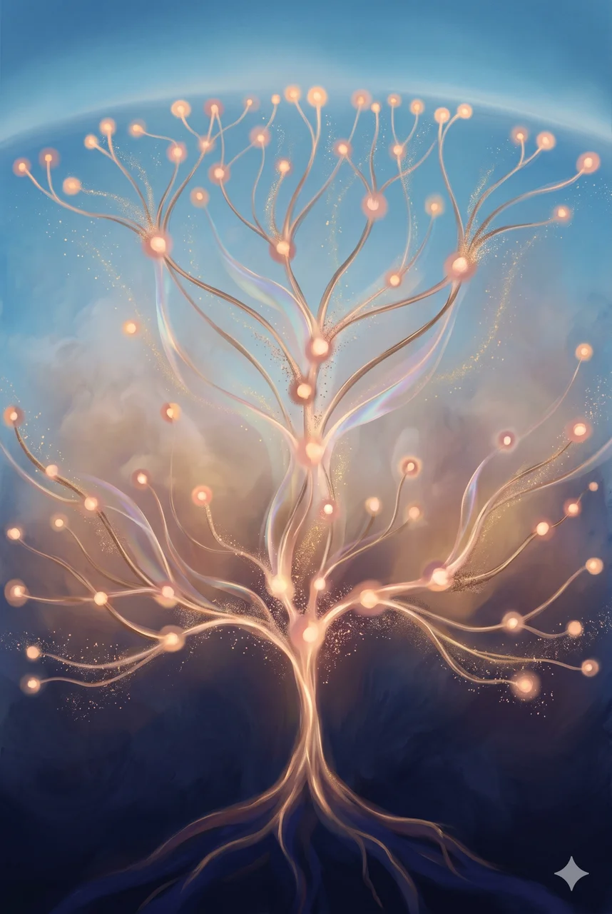 Abstract seedling of a new commerce framework - branching structure with nodes representing CARE and UNN connecting small producers to a global audience