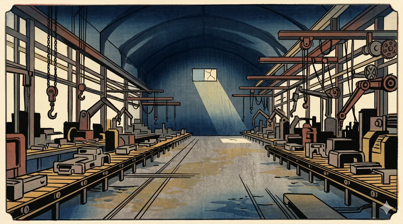 Silent, darkened factory floor with idle machinery, symbolizing the shutdown of Chinese manufacturing
