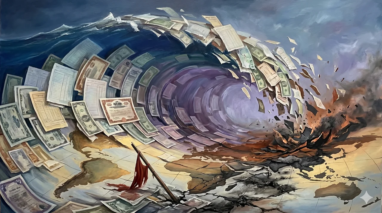 Abstract financial tsunami - a towering wave made of currency fragments sweeping across a continent map