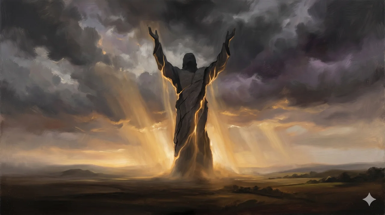 Abstract silhouette of a figure working beneath the Volgograd Motherland Calls statue, surrounded by streams of golden light representing infrastructure-building