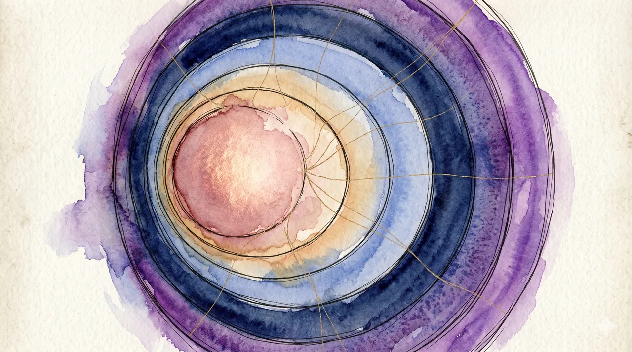 Concentric dimensional layers of the Nine Realms rendered as translucent spheres with a luminous core