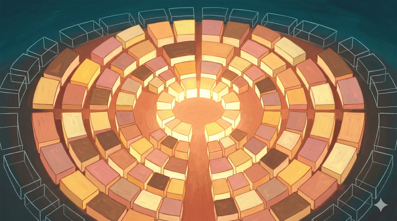 Bright storefront grid radiating outward as a new marketplace structure, warm light filling each cell