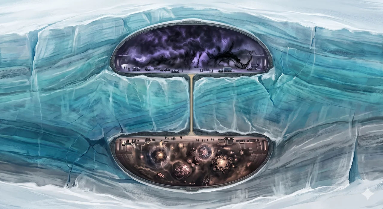 Conceptual cross-section of two capsule-shaped polar dome structures beneath Arctic and Antarctic ice, emitting pale dark-energy light