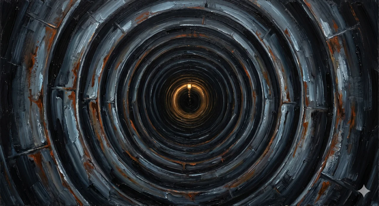 Abstract image of a deep underground military bunker, concentric steel rings and a single faint light source suggesting isolation