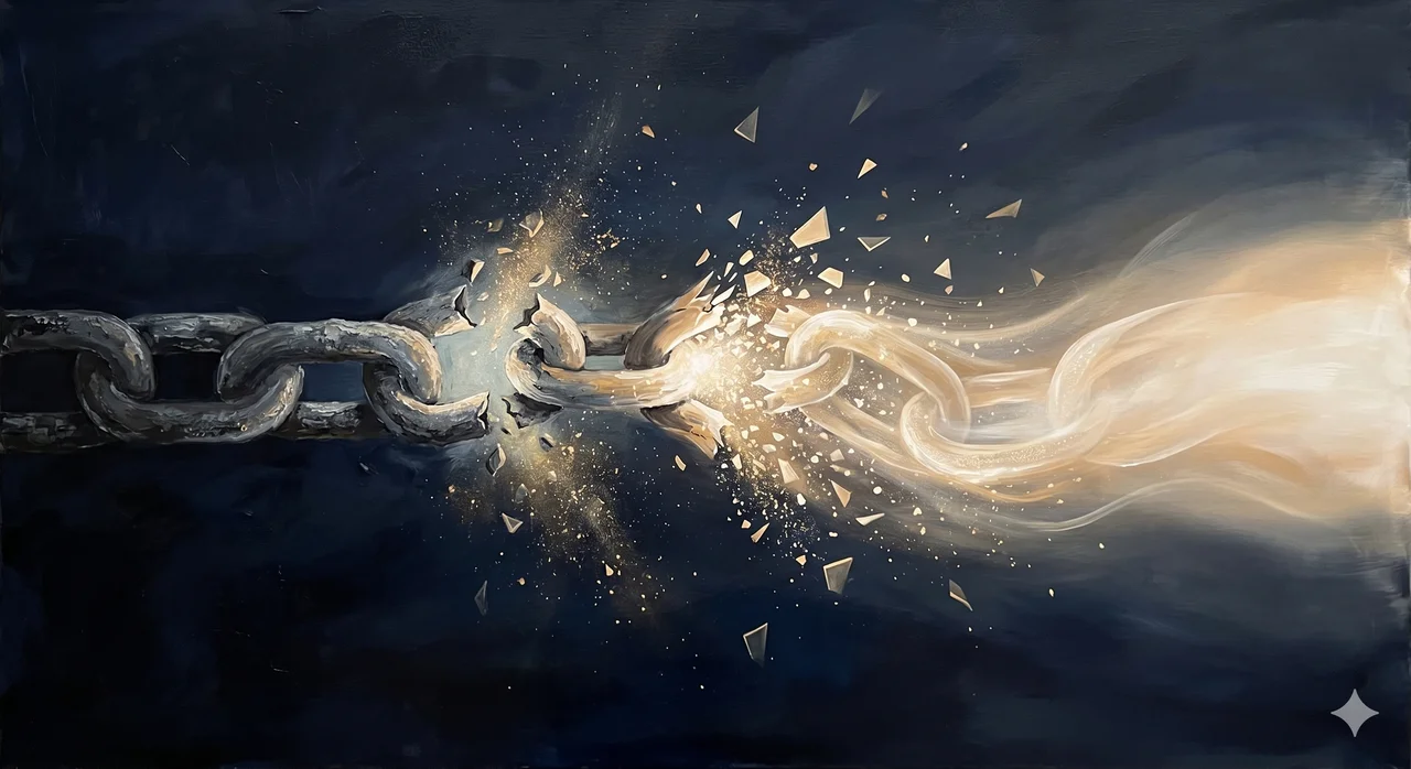 Symbolic image of a chain of linked operatives dissolving into light, each link breaking open in sequence to signify a mass release of bound contracts