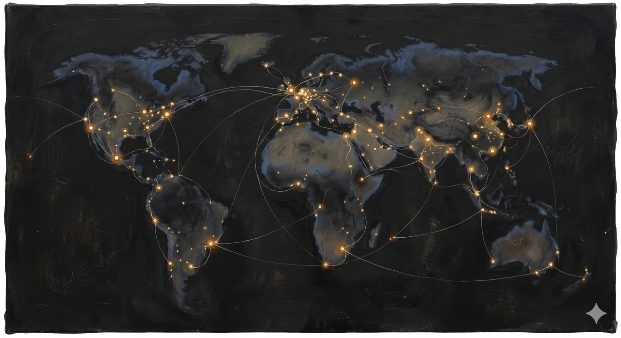 World map abstraction showing scattered sanctuary nodes connected by faint lines, each node marked as a neutral safe-house Zone under new oversight