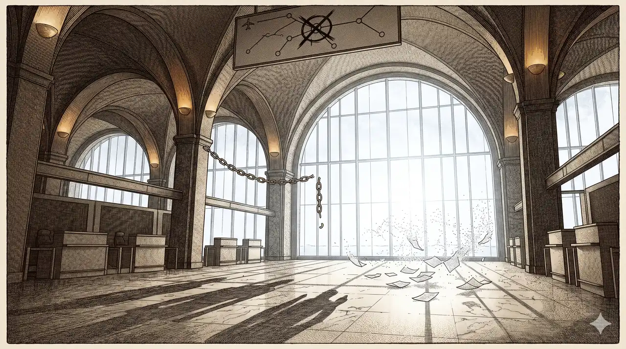 An empty airport terminal at dawn, symbolizing the release of operatives and the end of institutional control lines