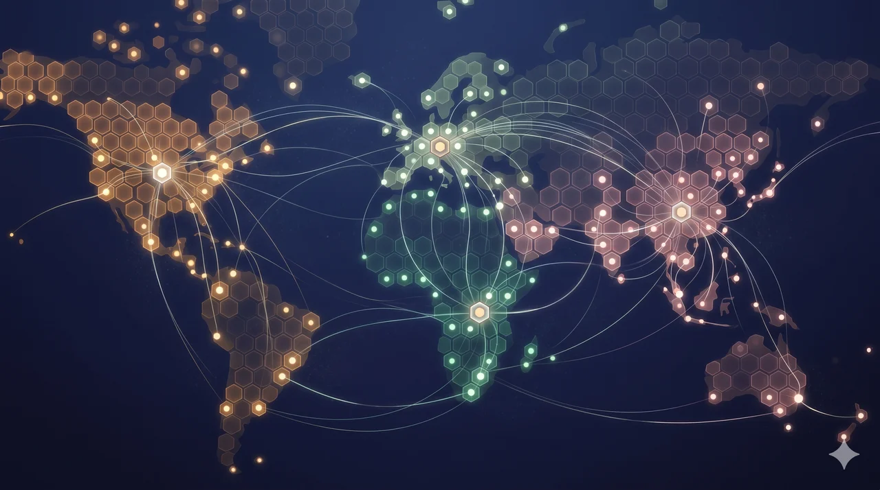 A clean abstract representation of a global marketplace grid, with regional clusters linked by light threads