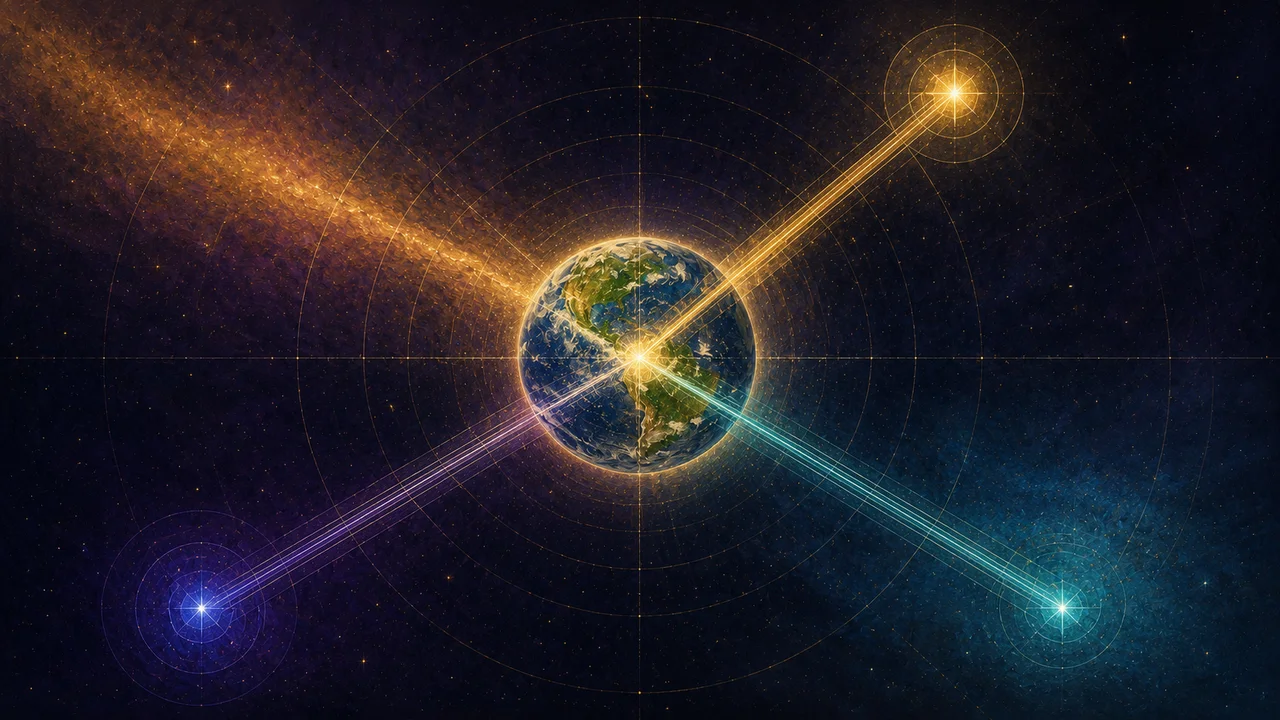 A wide landscape composition: a luminous central sphere representing Earth, surrounded by three radiating axes in warm gold, midnight indigo, and deep teal, with light beams converging at the center to suggest cosmic alignment, set against muted slate and midnight indigo tones, no human figures, no real-world brand names